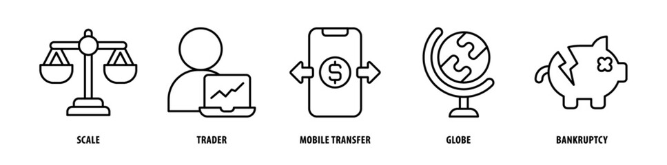 Set of Bankruptcy, Globe, Mobile Transfer, Trader, Scale icons, a collection of clean line icon illustrations with editable strokes for your projects