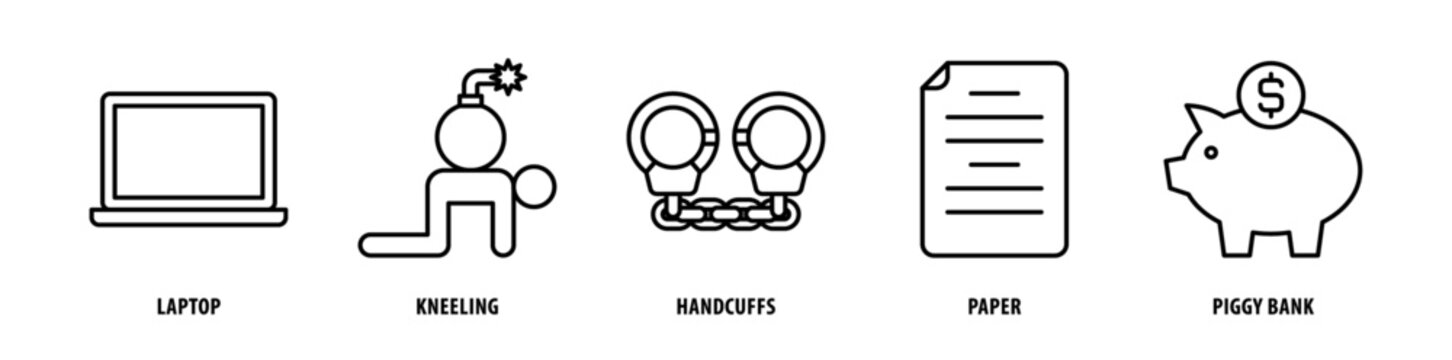 Set of Piggy Bank, Paper, Handcuffs, Kneeling, Laptop icons, a collection of clean line icon illustrations with editable strokes for your projects