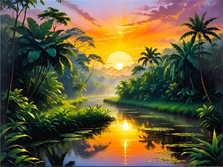 Jungle Reverie: A Captivating Glimpse of Tropical Dawn, where Nature Awakens to the Gentle Glow of a New Day. generative AI
