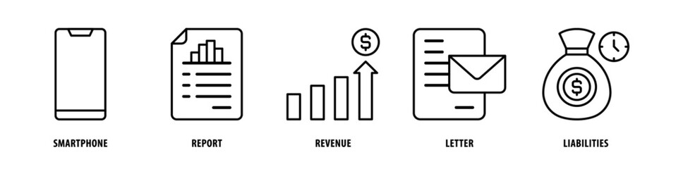 Set of Liabilities, Letter, Revenue, Report, Smartphone icons, a collection of clean line icon illustrations with editable strokes for your projects