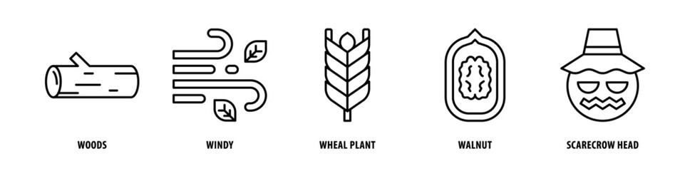 Set of Scarecrow Head, Walnut, Wheat Plant, Windy, Woods icons, a collection of clean line icon illustrations with editable strokes for your projects