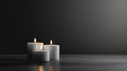 Minimalist Sympathy Condolences Grief card. Three burning candles on a muted background. Copy space.