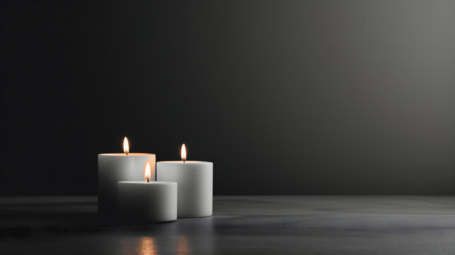Minimalist Sympathy Condolences Grief card. Three burning candles on a muted background. Copy space.