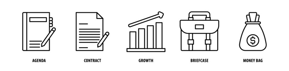 Set of Money Bag, Briefcase, Growth, Contract, Agenda icons, a collection of clean line icon illustrations with editable strokes for your projects