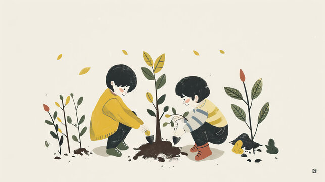 two kids planting a small tree in nature for the environment for arbor day, environment world earth day background in pastel color - AI Generated Abstract Art
