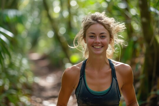Outdoor Adventure Woman Smiling in Golden Light. Joyful Female Trail Runner in Mountain Landscape

