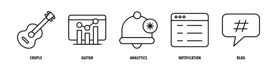 Set of Blog, Notification, Analytics, Guitar, Couple icons, a collection of clean line icon illustrations with editable strokes for your projects