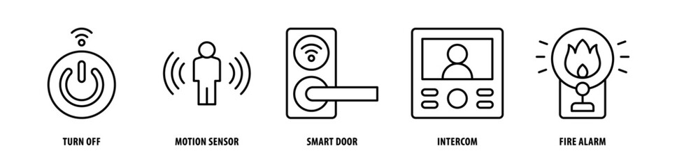 Set of Fire Alarm, Intercom, Smart Door, Motion Sensor, Turn Off icons, a collection of clean line icon illustrations with editable strokes for your projects - obrazy, fototapety, plakaty
