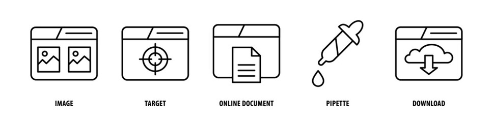 Set of Download, Pipette, Online Document, Target, Image icons, a collection of clean line icon illustrations with editable strokes for your projects