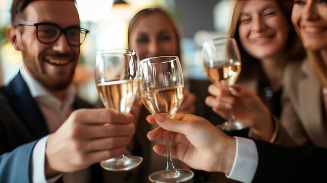A group of business executives meet at a networking event. Cheer while drinking a glass of wine. Success, victory.