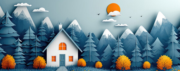 Paper cut style, House ecology and nature landscape scenery, Reduce electricity use