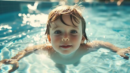 Fototapeta na wymiar A little child is happily playing in the swimming pool.