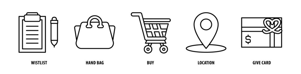 Set of Gift Card, Location, Buy, Hand Bag, Wishlist icons, a collection of clean line icon illustrations with editable strokes for your projects