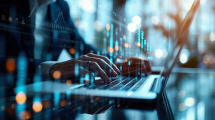 Businessman working on laptop computer with digital data technology , Financial service and manage money