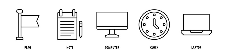 Set of Laptop, Clock, Computer, Note, Flag icons, a collection of clean line icon illustrations with editable strokes for your projects