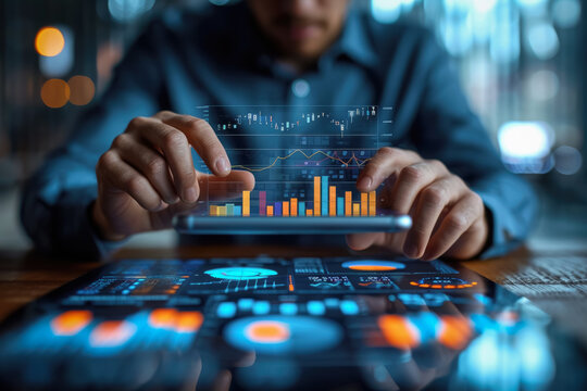 Businessman working data document graph chart report marketing research on smartphone, Management strategy analysis planning