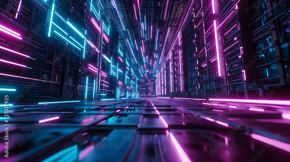 Wall mural cyberpunk style background with futuristic grid pattern of luminous particles in vibrant neon color