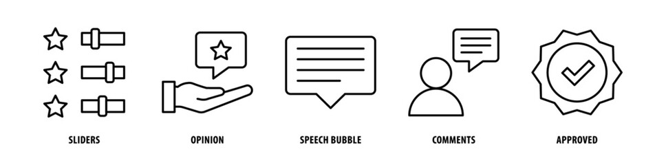Set of Approved, Comments, Speech Bubble, Opinions, Sliders icons, a collection of clean line icon illustrations with editable strokes for your projects