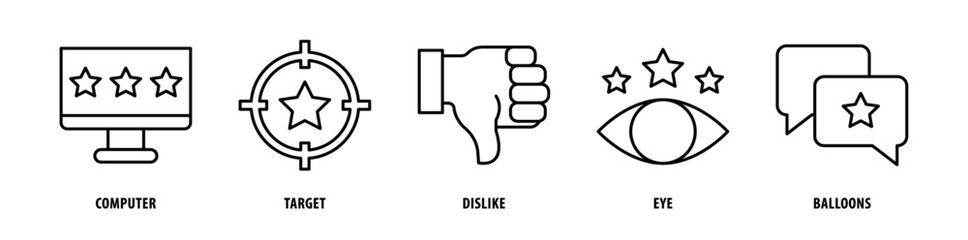 Set of Balloon, Seye, Dislike, Target, Computer icons, a collection of clean line icon illustrations with editable strokes for your projects