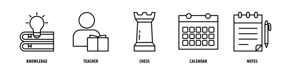 Set of Note, Calendar, Chess, Teacher, Knowledge icons, a collection of clean line icon illustrations with editable strokes for your projects