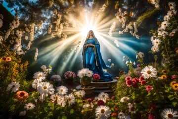 The Assumption of Mary depicted in a celestial garden, where ethereal flowers bloom in mid-air