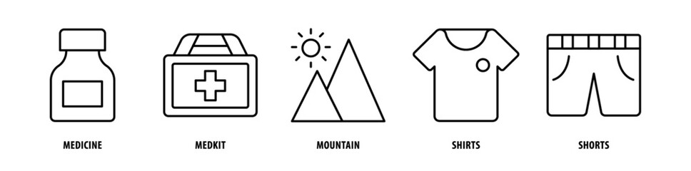 Set of Shorts, Shirts, Mountain, Medkit, Medicine icons, a collection of clean line icon illustrations with editable strokes for your projects