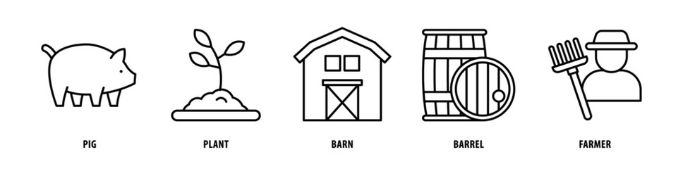 Set of Farmer, Barrel, Barn, Plant, Pig icons, a collection of clean line icon illustrations with editable strokes for your projects - obrazy, fototapety, plakaty