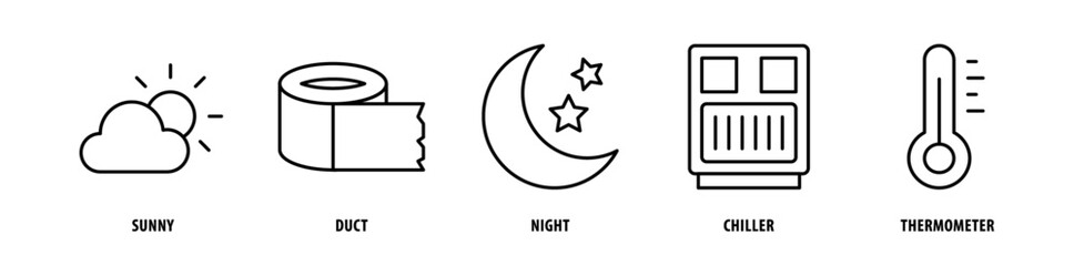 Set of Thermometer, Chiller, Night, Ducts, Sunny icons, a collection of clean line icon illustrations with editable strokes for your projects