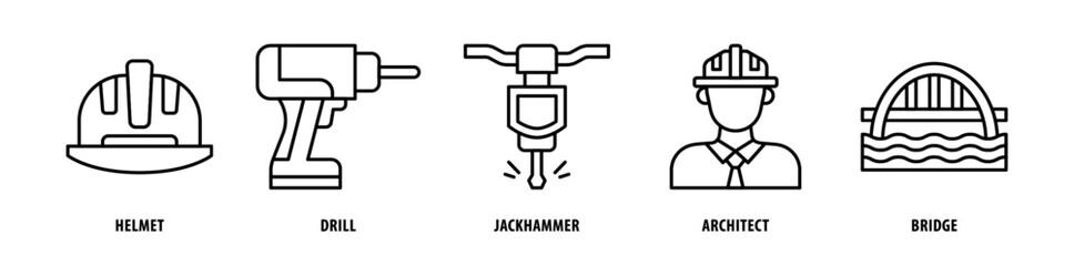 Set of Bridge, Architect, Jackhammer, Drill, Helmet icons, a collection of clean line icon illustrations with editable strokes for your projects
