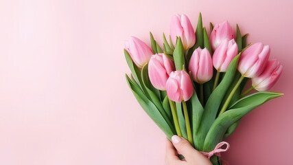 Bunch of soft pink tulips in woman hands close up