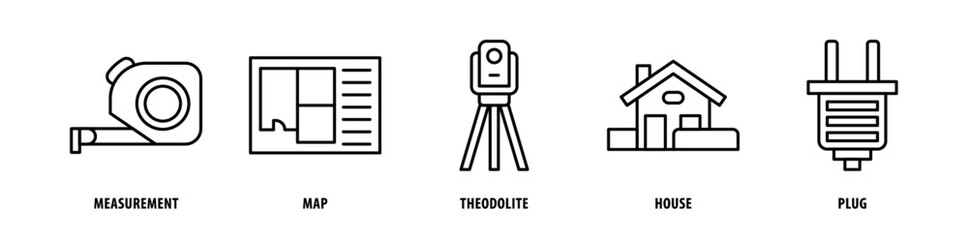 Fototapeta na wymiar Set of Plug, House, Theodolite, Map, Measurement icons, a collection of clean line icon illustrations with editable strokes for your projects