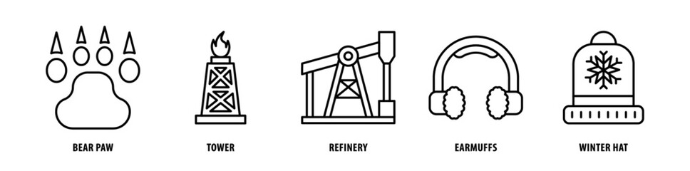 Set of Winter Hat, Earmuffs, Refinery, Tower, Bear Paw icons, a collection of clean line icon illustrations with editable strokes for your projects