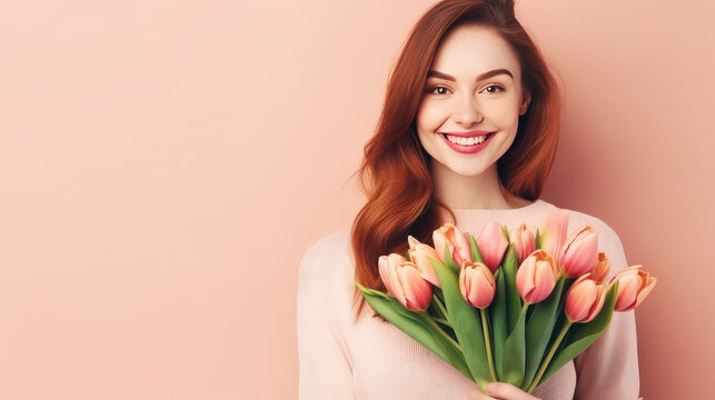 Attractive young smiling red haired woman holding bunch of pink tulips in hands copy space peach fuzz background