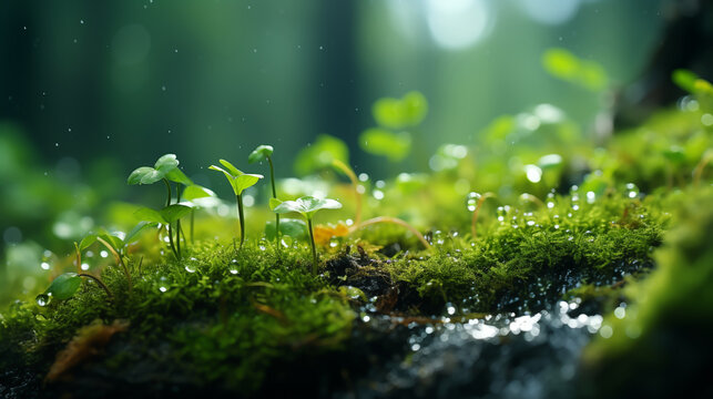 Biodiversity, Beautiful green moss and natural plants in the rain forest during rainfall, biodiversity in tropical rain forest, sustainable development