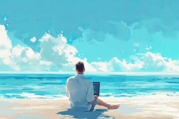 man on beach with laptop working on skyscraper roof man