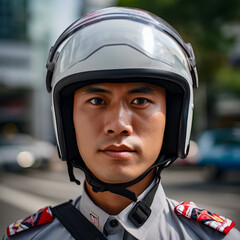 lifestyle photo bangkok closeup policeman face with a helmet.