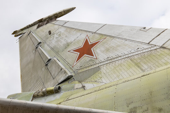Soviet red star identification marking on the tail of a Tupolev TU-22M military bomber aircraft with nuclear capabilities, retired aircraft from the Russian Air Force