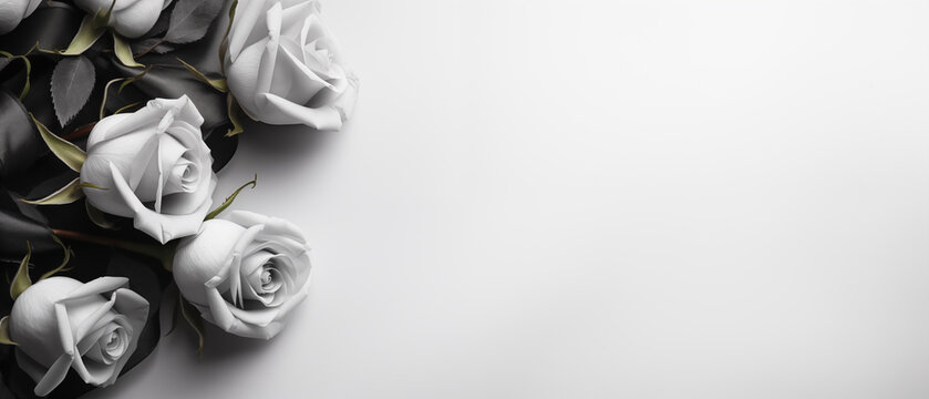 Minimalist Sympathy Condolences card. Roses on a muted light grey background. Funeral concept. Copy space