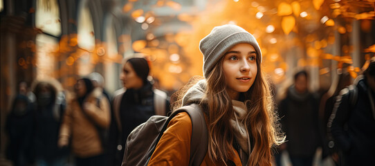 Urban Wanderer: Enigmatic Woman in a Beanie Strides Gracefully Down the City Streets