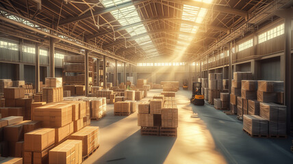 Warehouse full of shelves with goods in cartons, with pallets and forklifts. Logistics and transportation