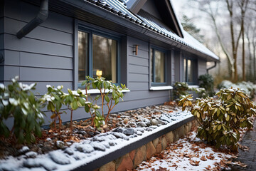 Picturesque house sits nestled amidst a pristine snowy landscape, evoking a sense of serenity and tranquility.