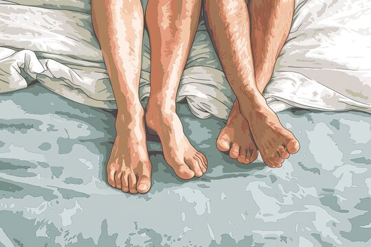 one couple putting their feet under a bed sheet