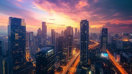 Vibrant cityscape at dusk, showcasing a bustling urban life with glowing lights, towering skyscrapers, and busy streets,