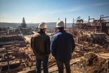 Two men in hard hats observe the bustling construction site, captivated by the orchestration of progress.