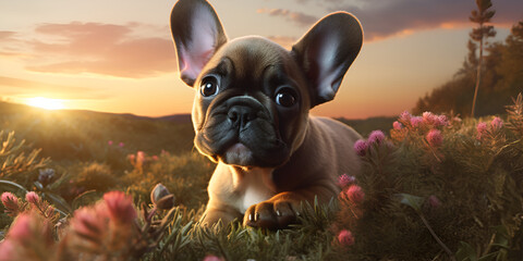 Ravishing hyper realistic digital portrait of happy french bulldog in nature, 
 - obrazy, fototapety, plakaty
