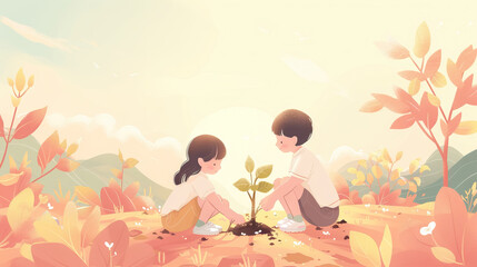 Children join as volunteers for reforestation, for arbor day, environment world earth day background - AI Generated Abstract Art