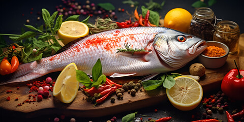 Juicy rainbow fish roasted to perfection served on a plate with a testy lemon twist,
