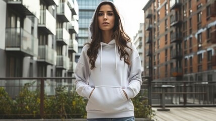 A model standing in an urban setting, her hands in the pockets of a plain hoodie, mockup