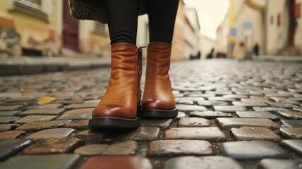 Fashionable footwear on the cobblestone streets of a historic city, highlighting the contrast between modern style and ancient architecture.