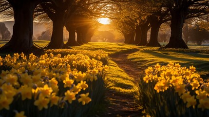 Enchanting Jonquil Meadow: A Sea of Golden Blossoms in an Idyllic Spring Scene with Fresh Morning Dew